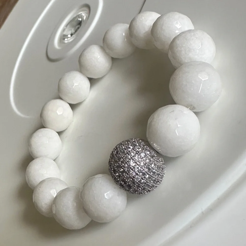 White Jade Statement Bracelet | 12mm Beaded Stretch | Silver Pavé Luxe Accent